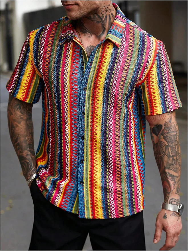 Textured Jacquard Button Down Shirts Tropical Beach Shirt by OYOANGLE, photograph 4 of 4