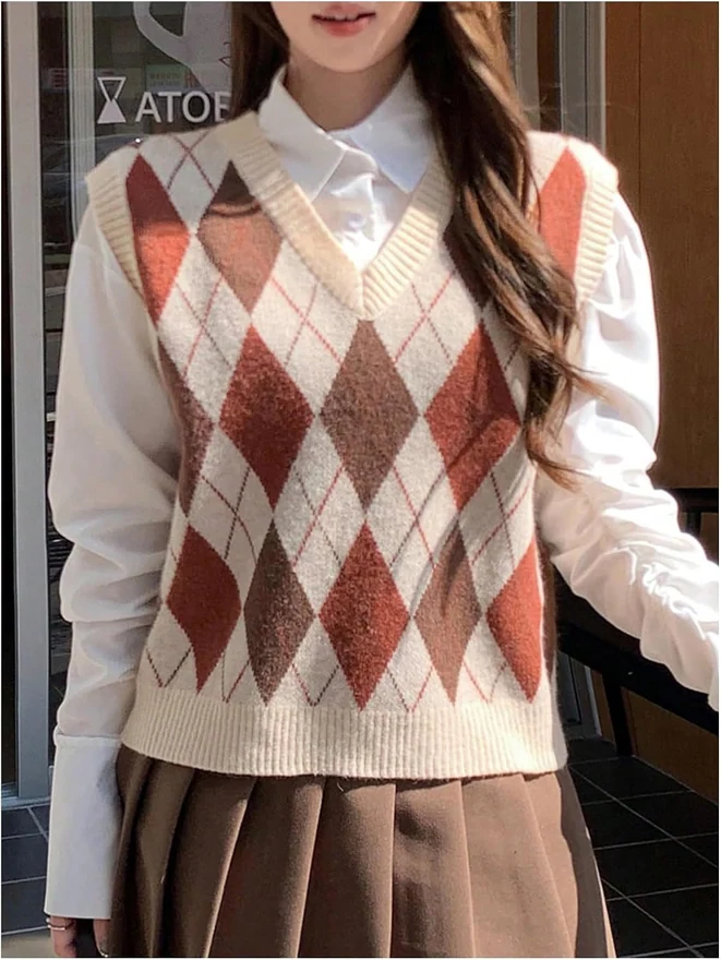 Argyle Sweater Vest Y2K Preppy Style V Neck Sleeveless Knitted by OYOANGLE, photograph 2 of 4