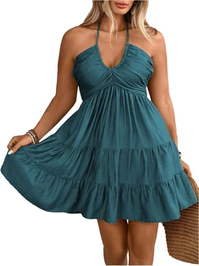 Plus Size Sleeveless Ruched Short Sundress A Line Dress in Teal Blue
