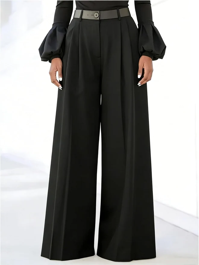 Zipper Fly Wide Leg Dress Pants High Waist Pleated Baggy Pants by OYOANGLE