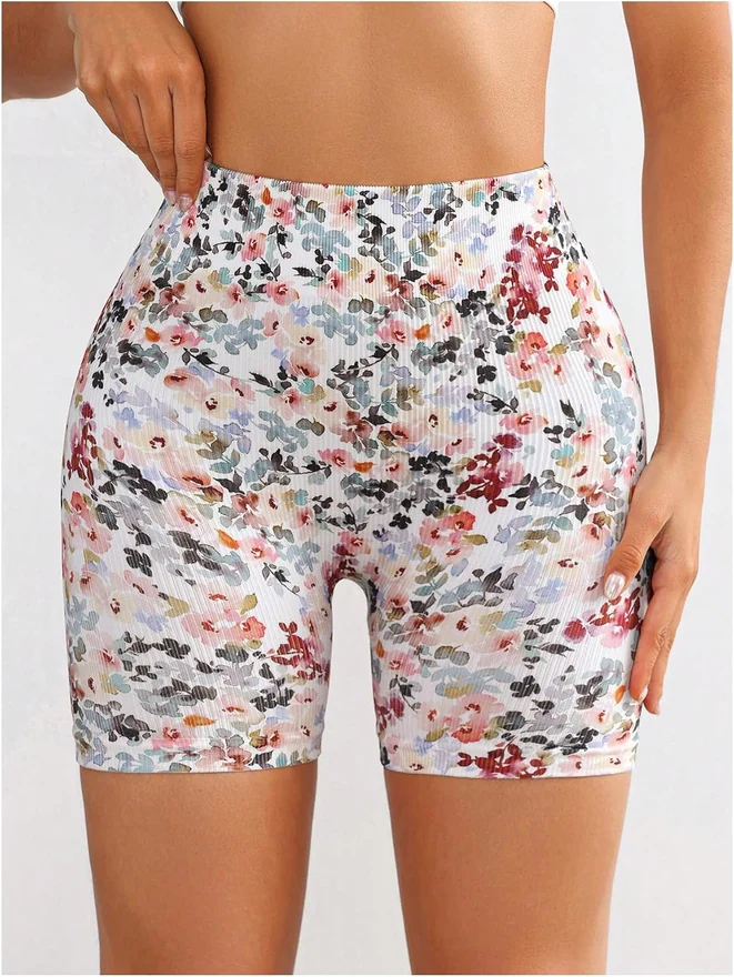 Floral High Waisted Workout Shorts Tummy Control Running Yoga by OYOANGLE, photograph 3 of 3