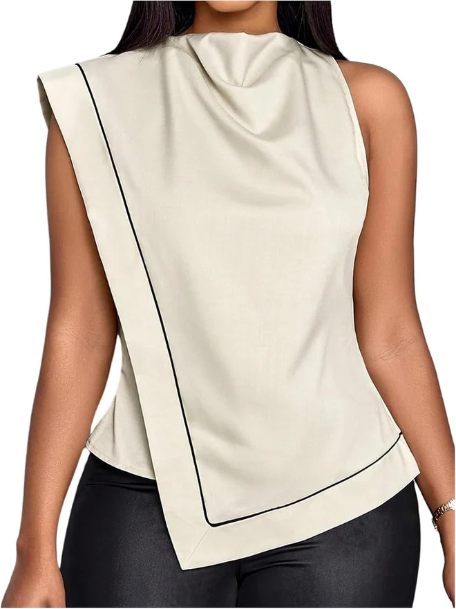Wrap Draped Front Dress Shirt Sleeveless Cowl Neck Blouse by OYOANGLE