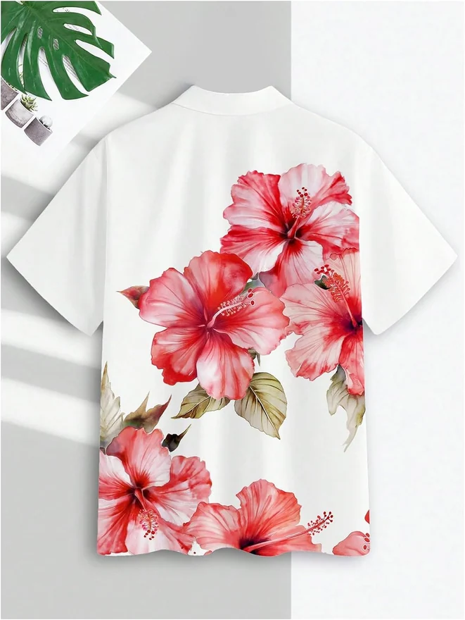Hawaiian Shirts Floral Short Sleeve Button Down Shirt Summer by OYOANGLE, photograph 4 of 4