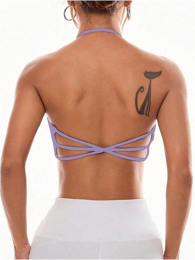 Halter Sports Bra Padded Workout Backless Yoga Bras Purple by OYOANGLE, photograph 3 of 4