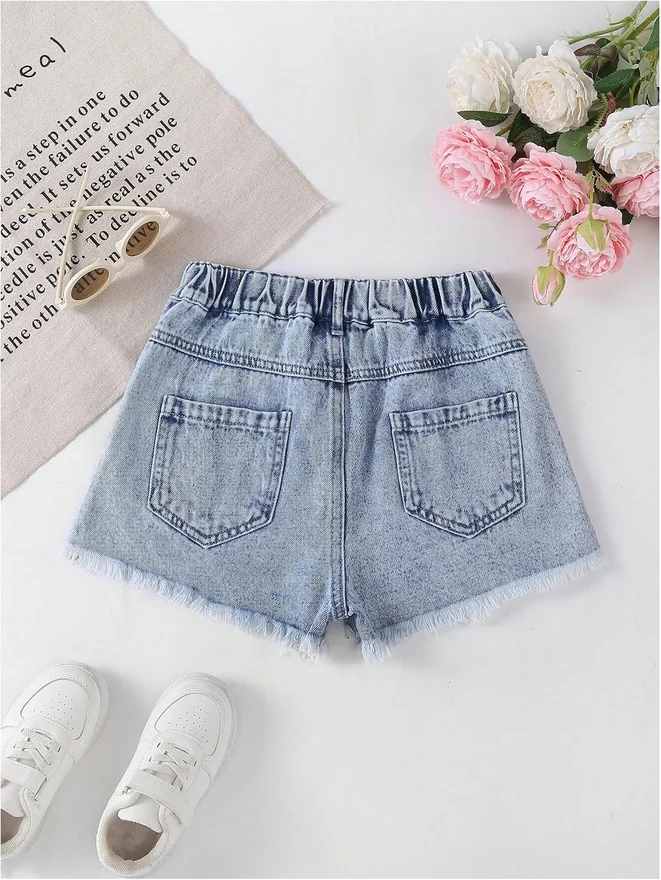 Girl's Ripped Denim Shorts Mid Rise Frayed Raw Hem Jean Shorts by OYOANGLE, photograph 3 of 4