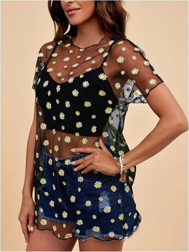 Floral Sheer Mesh Rave Tops Short Sleeve Crewneck T Shirt by OYOANGLE, photograph 2 of 4