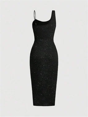 Glitter Ruched Bodycon Midi Dress Asymmetrical Party Dress in Black
