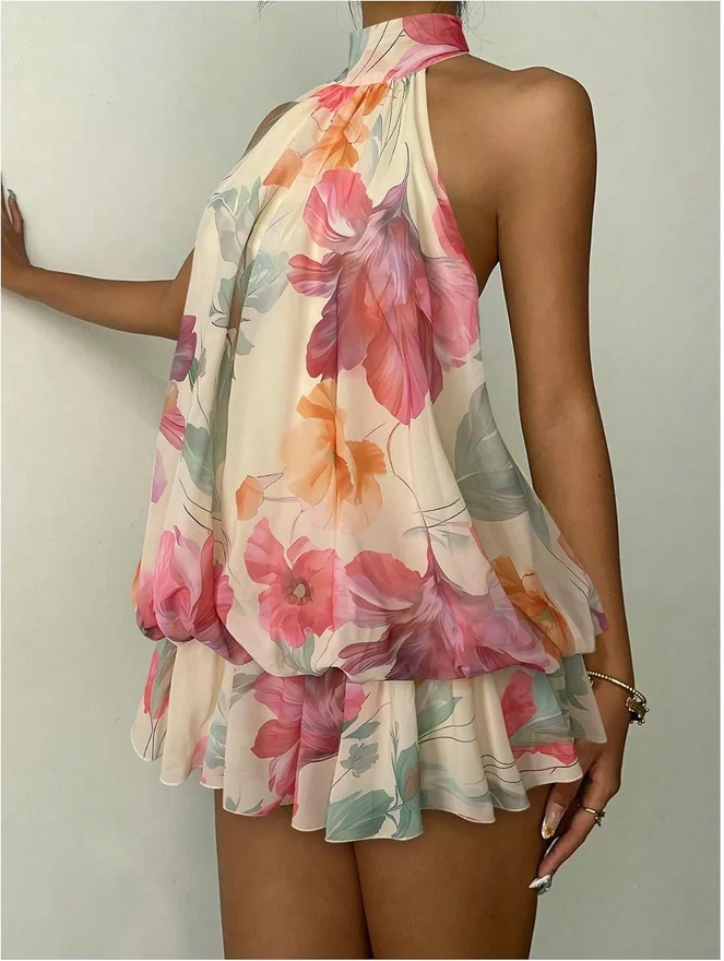 Floral Halter Dress Vacation Ruffle Mini Bubble Dress by OYOANGLE, photograph 3 of 3
