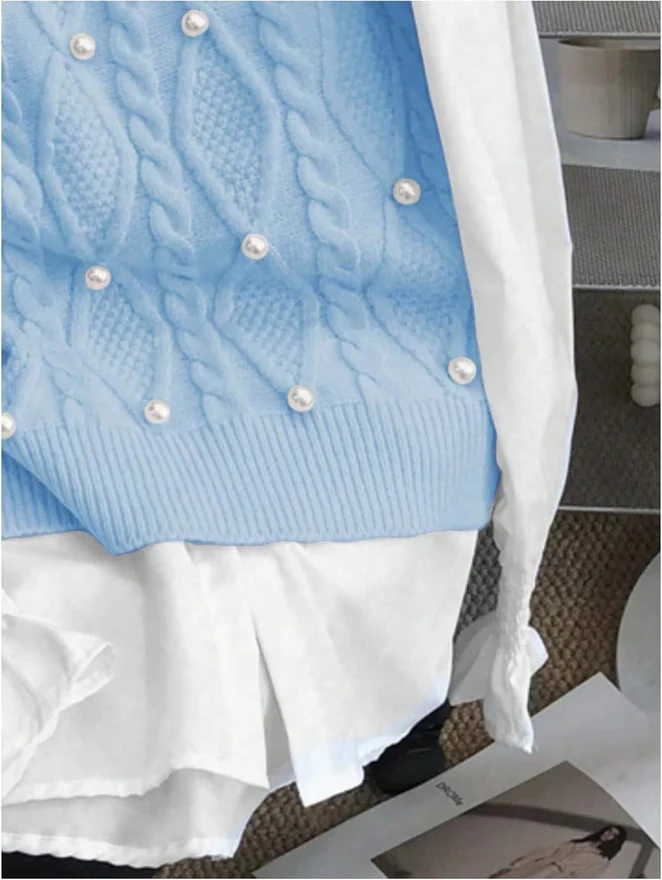 Pearl Knit Sweater Vest Crew Neck Sleeveless Preppy Tops by OYOANGLE