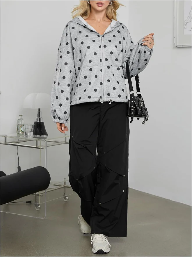 Polka Dots Fleece Sweatshirts Zip Up Hoodie with Pockets by OYOANGLE, photograph 4 of 4