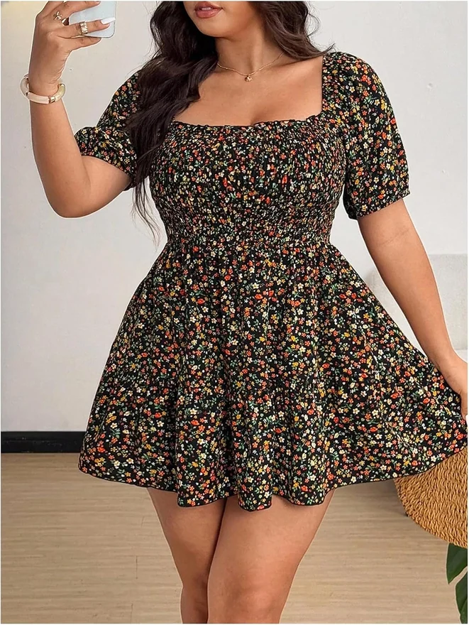 Plus Size Floral Print Ruffle A Line Short Dress by OYOANGLE, photograph 3 of 4