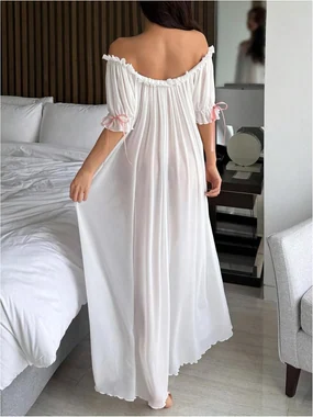 Off The Shoulder Sheer Nightgowns Puff Sleeve Sleep Dress in White