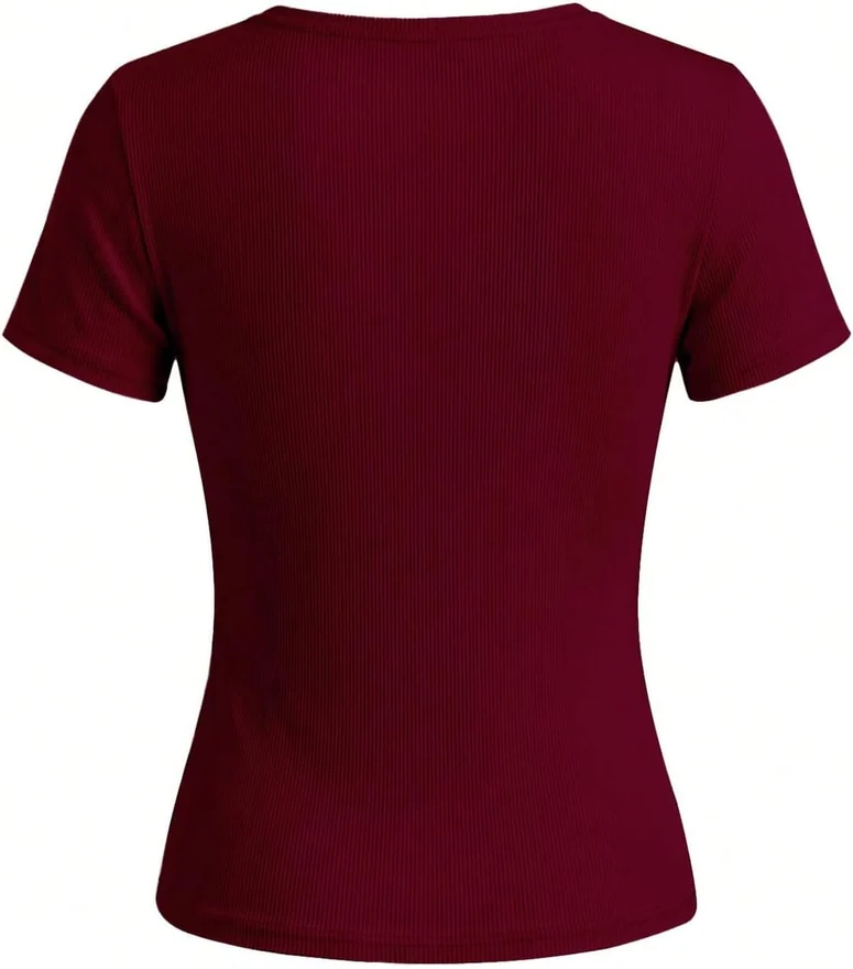 Short Sleeve Ribbed Tops Asymmetrical Neck Fitted Ruched Dressy by OYOANGLE, photograph 2 of 4