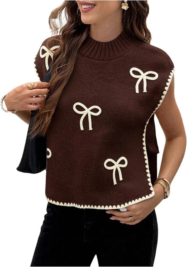 Bow Short Sleeve Sweater Side Tie Knit Pullover Top Brown by OYOANGLE