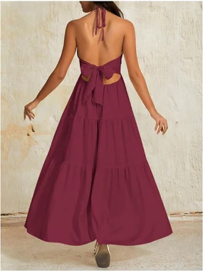 Summer Beach Halter Sundress Formal Wedding Guest Dress in Burgundy