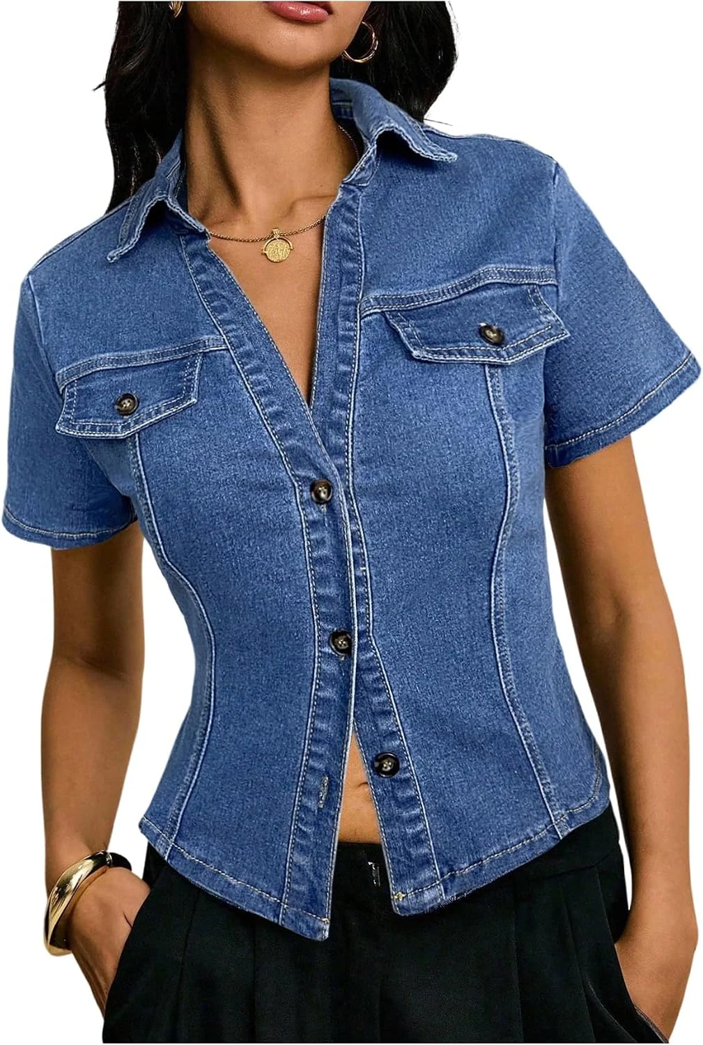 Summer Short Sleeve Button Down Denim Jackets Top Blouse by OYOANGLE, photograph 1 of 4