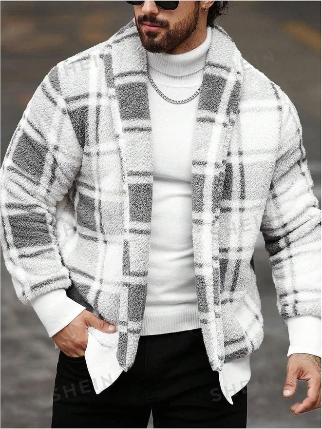 Gingham Fuzzy Fleece Jacket Open Front Thermal Sherpa Coat by OYOANGLE, photograph 4 of 4