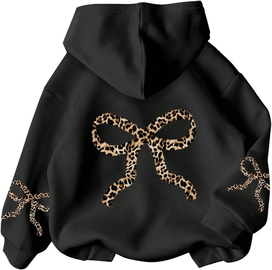 Girl's Bow Leopard Print Oversized Hoodie Long Sleeve Hooded by OYOANGLE
