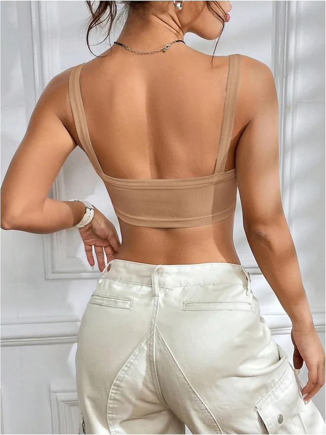 Y2K Ribbed Knit Cropped Cami Top Khaki by OYOANGLE, photograph 3 of 4