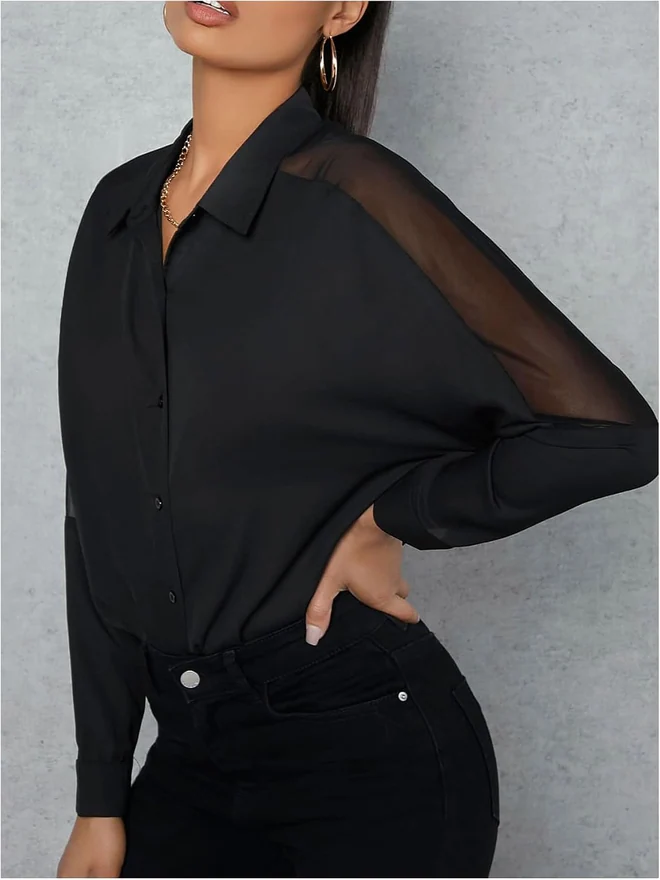 Mesh Insert Button Up Shirt Curve Hem Dressy Blouse Black by OYOANGLE, photograph 2 of 4