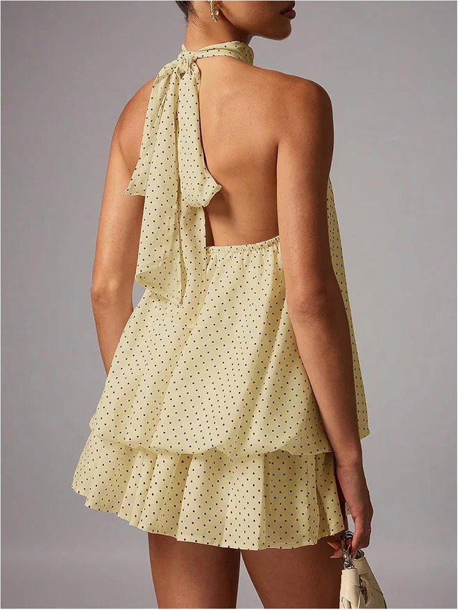 Summer Polka Dots Halter Y2k Cute Ruffle Wedding Party Dress by OYOANGLE, photograph 2 of 3