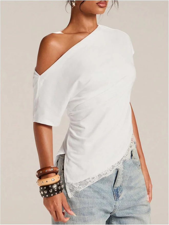 Off The Shoulder Top Lace Asymmetrical Y2K Going Out Top Tee by OYOANGLE, photograph 2 of 4