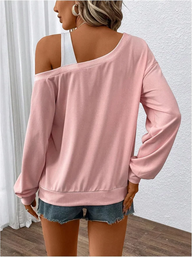 Letter Graphic Cold Shoulder Sweatshirts Long Sleeve Loose by OYOANGLE, photograph 2 of 4
