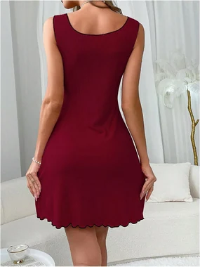 Sexy Nightgowns Ribbed Fall Sleep Dress Purple in Burgundy
