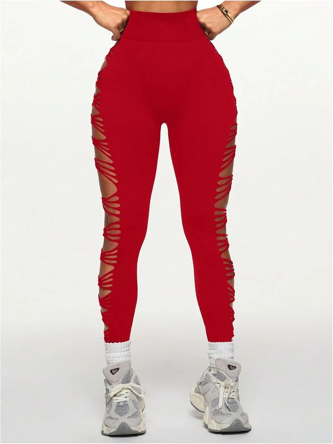 Y2k Ripped High Waist Seamless Leggings Red by OYOANGLE, photograph 3 of 4