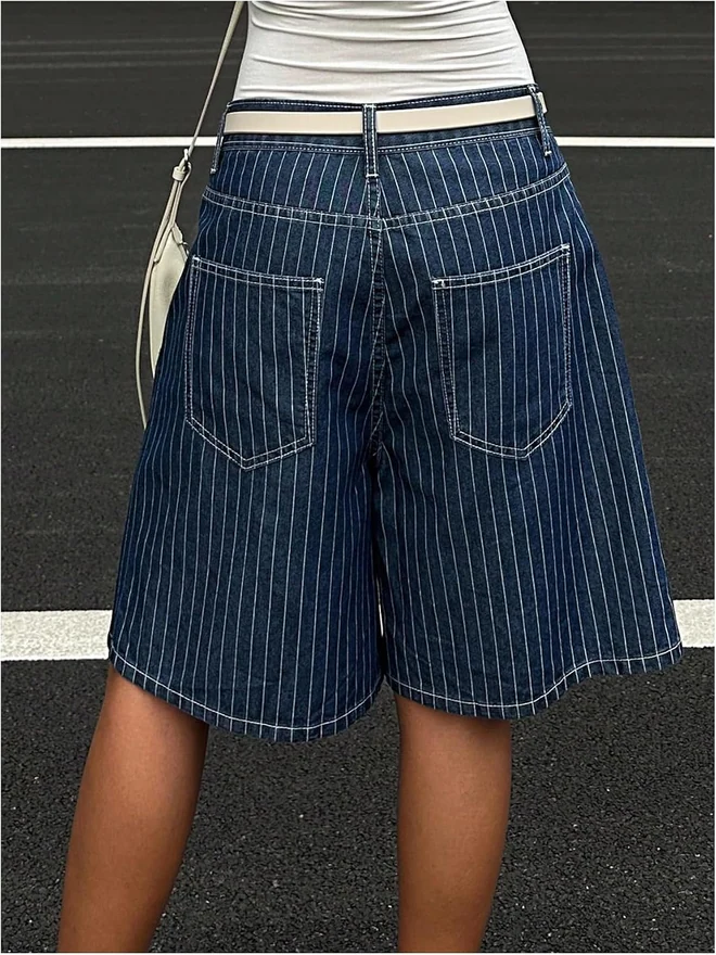 Striped Jorts Retro Wide Leg Bermuda Jean Shorts Y2K Baggy Cargo by OYOANGLE, photograph 2 of 4
