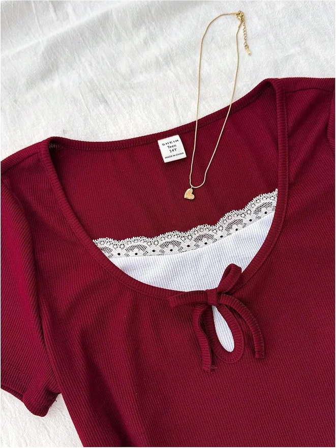 Girl's Cute Lace Trim Short Sleeve 2 in 1 Shirts Tie Front by OYOANGLE, photograph 3 of 4