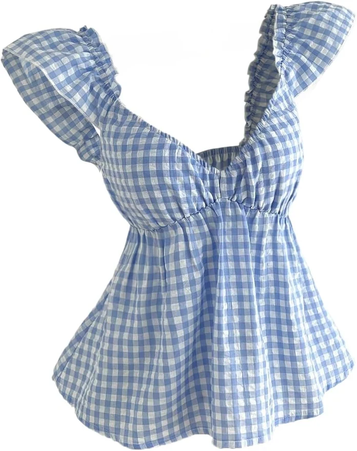 Plaid Gingham Cap Sleeve Blouse V Neck Ruffle Peplum Babydoll by OYOANGLE