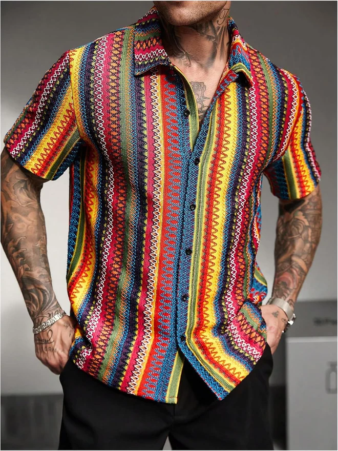 Textured Jacquard Button Down Shirts Tropical Beach Shirt by OYOANGLE, photograph 2 of 4