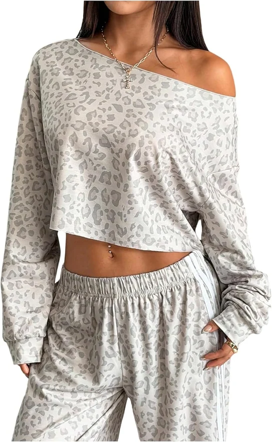 Y2K Leopard Oversized Off Shoulder Sweatshirt Crop Top by OYOANGLE