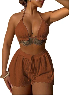 3 Piece Textured Bikini Set Ruffle Triangle Thong Swimsuit in Rust Brown