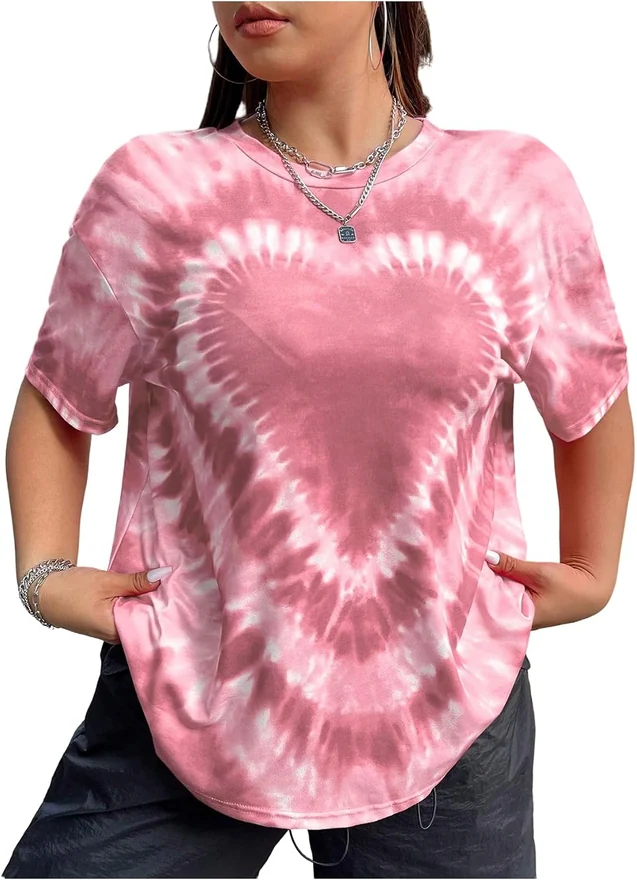 Plus Size Tie Dye Heart Graphic T Shirt Short Sleeve Crew Neck by OYOANGLE