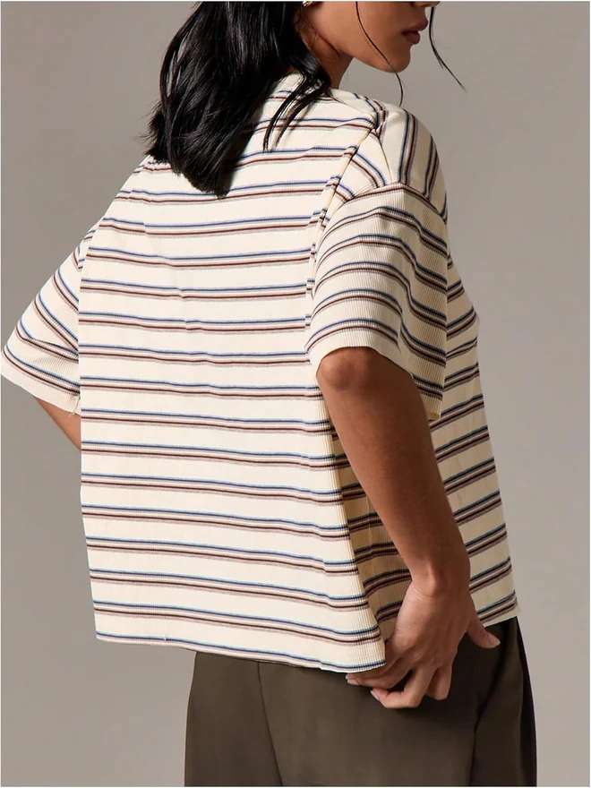 Oversized Striped T Shirts Ribbed Knit Y2k Going Out Tops by OYOANGLE, photograph 3 of 4
