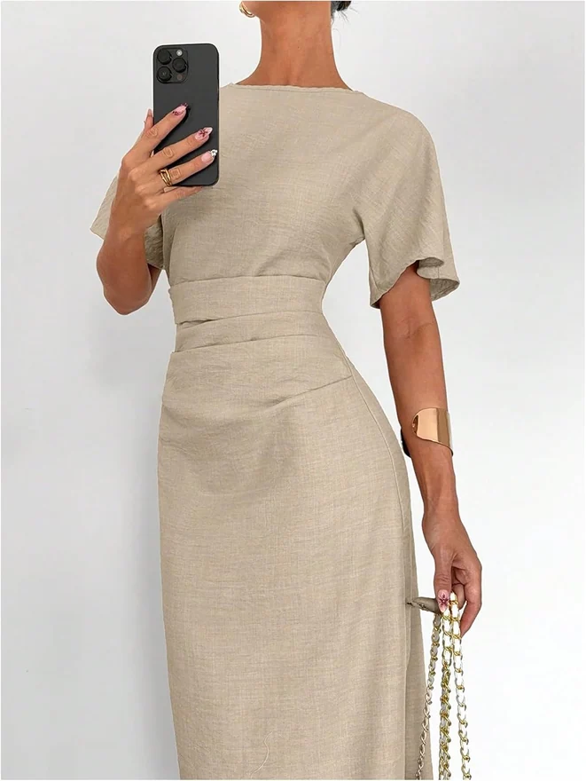 Textured Cinched Waist Slit Hem Maxi Dress Apricot by OYOANGLE, photograph 3 of 3