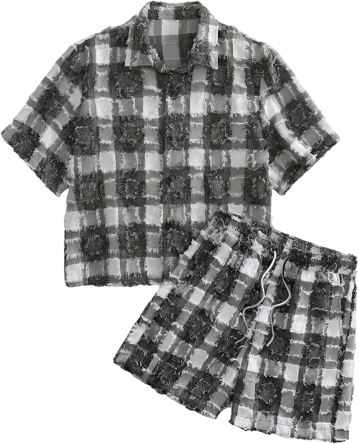 2 Piece Plaid Outfits Short Sleeve Button Down Shirt and by OYOANGLE