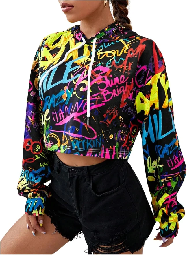 Crop Hoodie Long Sleeve Graffiti Print Hooded Sweatshirt by OYOANGLE, photograph 4 of 4