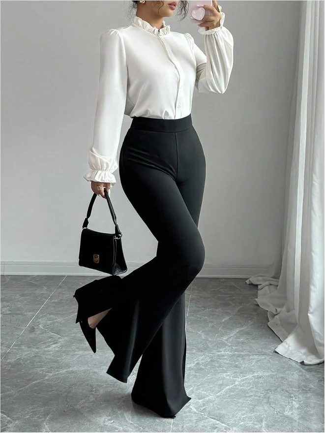 High Waisted Flared Dressy Pants Side Slit Trousers Black by OYOANGLE, photograph 3 of 3