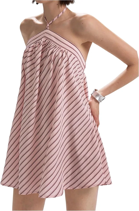 Striped Halter Dress Y2K Summer Going Out Mini Dresses by OYOANGLE