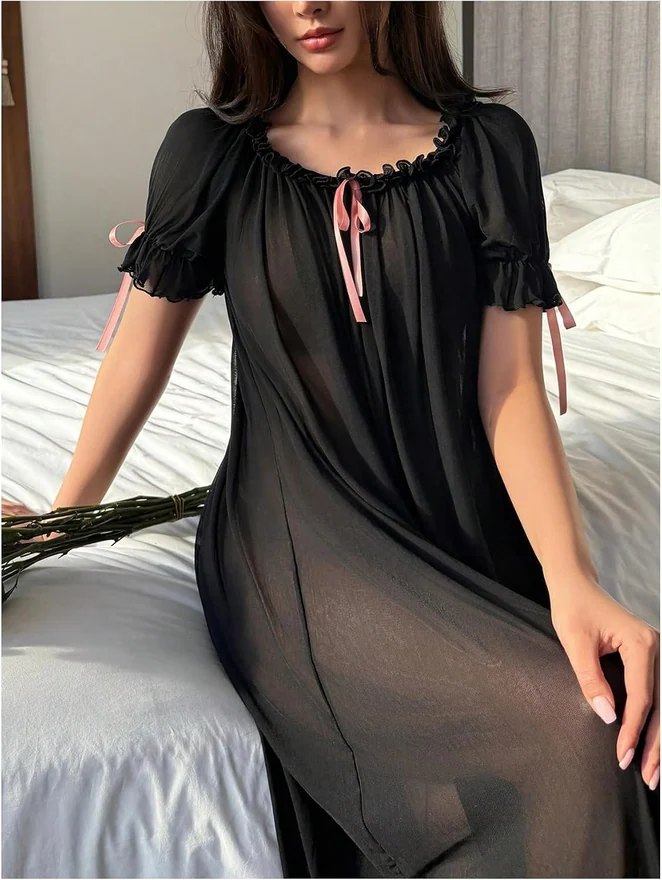 Off The Shoulder Sheer Nightgowns Puff Sleeve Sleep Dress by OYOANGLE, photograph 3 of 3
