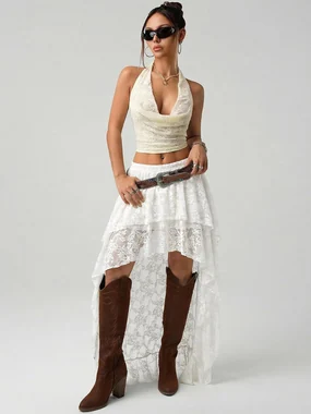 Maxi Skirt Summer Y2K Lace Ruffle Asymmetrical Rave Outfit in White