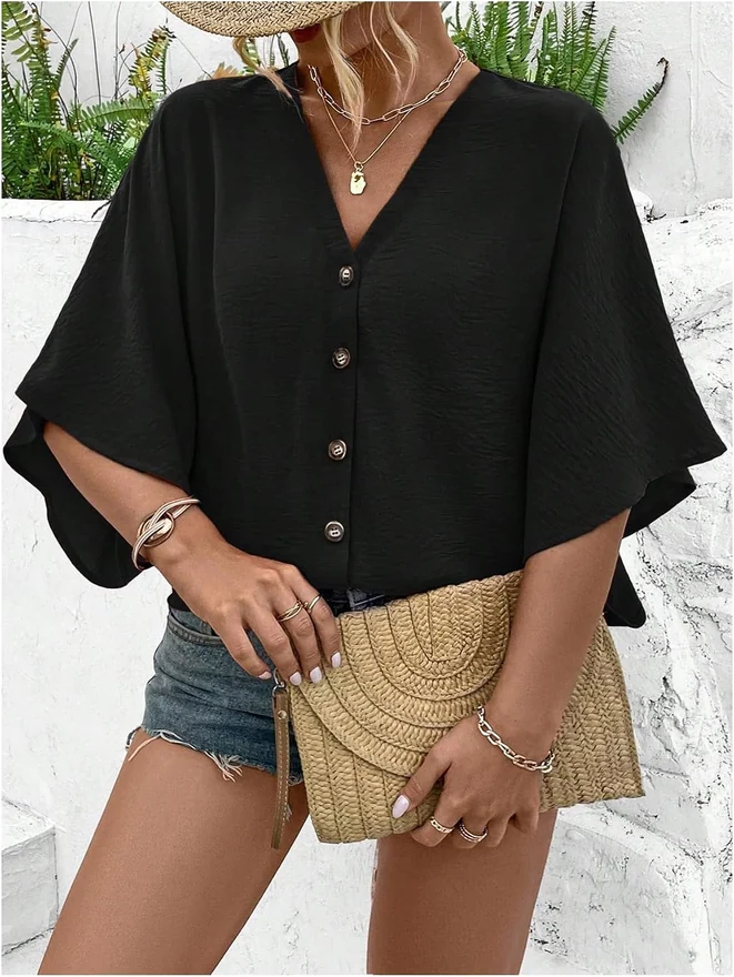 Plus Size Button Front V Neck Half Sleeve Blouse Loose Top by OYOANGLE, photograph 4 of 4