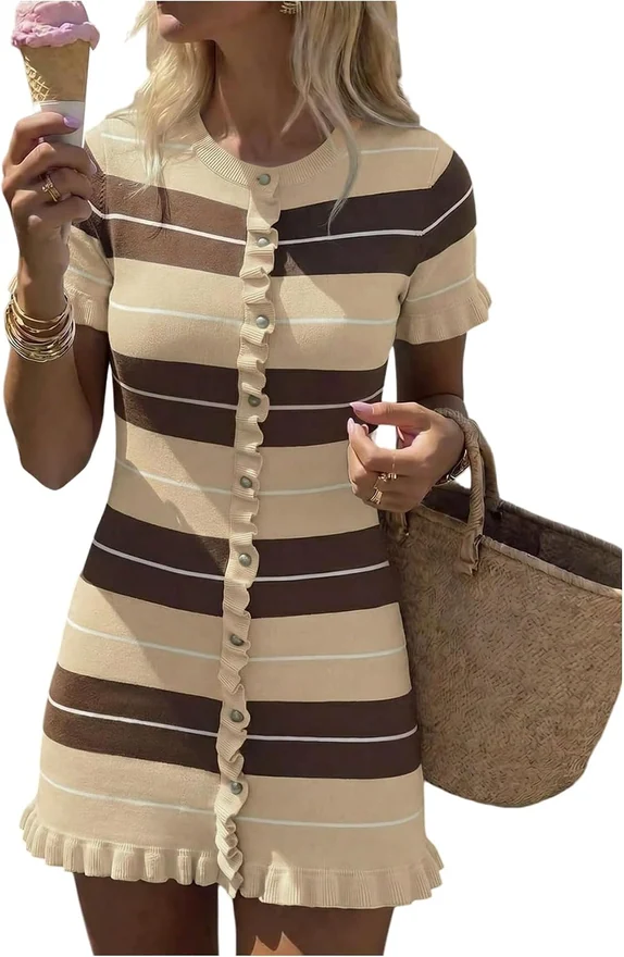 Striped Short Sleeve Sweater Dress Bodycon Fall Mini Dress by OYOANGLE