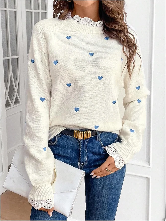 Long Sleeve Sweater Heart Embroidery Crewneck Lace Patchwork by OYOANGLE, photograph 3 of 4
