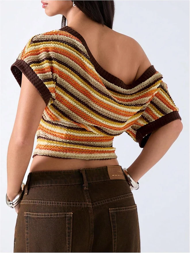 Off The Shoulder Tops Striped Cinched Waist Going Out Top by OYOANGLE, photograph 3 of 4