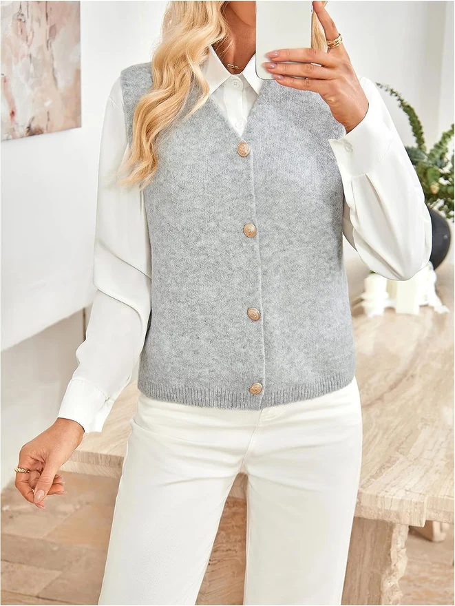 V Neck Sweater Vest Button Up Knit Vest Outerwear Sleeveless by OYOANGLE, photograph 2 of 3
