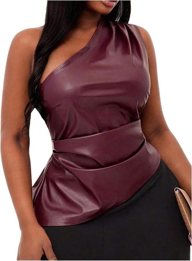 Plus Size Leather One Shoulder Tank Tops Burgundy by OYOANGLE